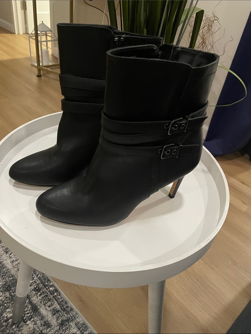 Express Black Leather Ankle Boots with Double Buckle Strap